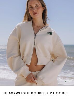 Daily Drills Heavyweight Double Zip Hoodie in Cream with Green Patch